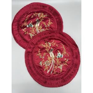 2 Golden Cloud Chinese Silk Rayon Embroidered Peacock Birds Pillow Covers Red
